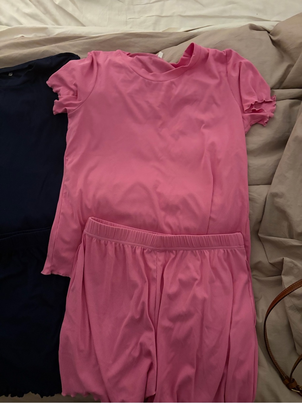 Women's Ribbed Short Sleeve Pajama Set - Pink & Navy - Picture 3 of 4